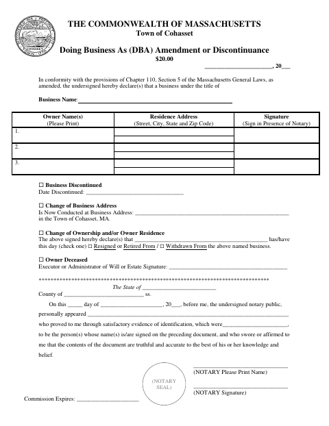 First page of the Doing Business As Amendment or Discontinuance