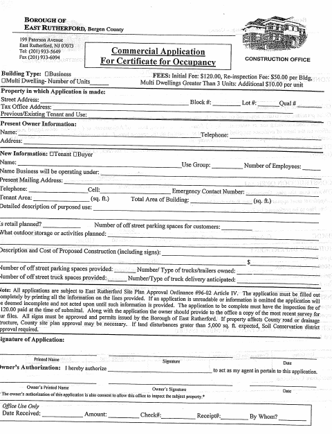 First page of the Commercial Application for Certificate of Occupancy