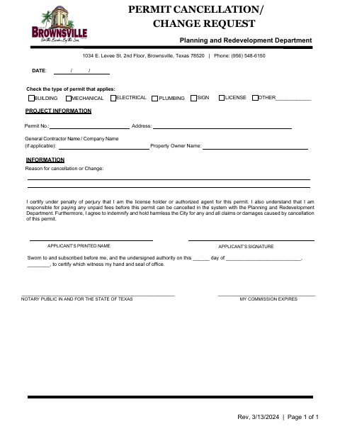 First page of the Permit Cancellation/Change Request