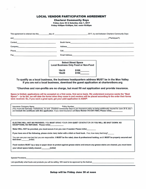 First page of the Community Days Vendor Participation Agreement