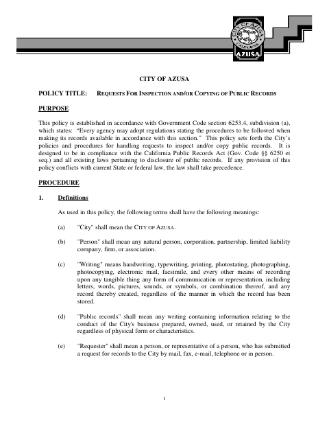 First page of the Public Record Request Form