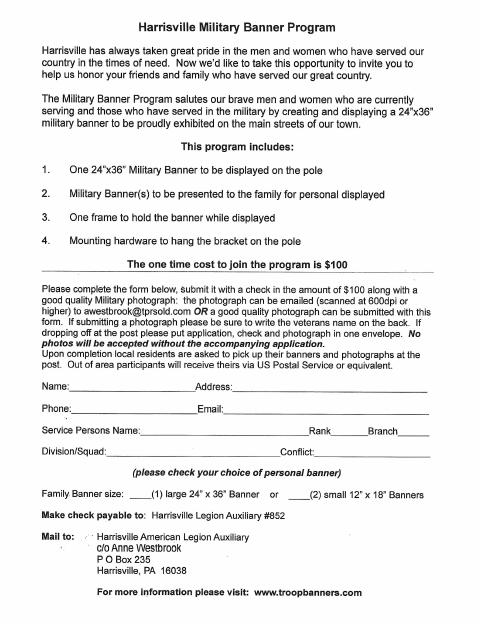 First page of the Military Banner Program Application