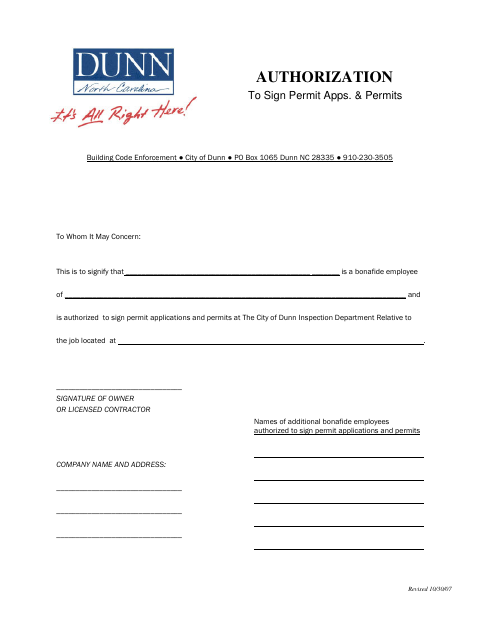 First page of the Authorization to Sign Permit Applications