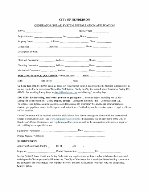 First page of the Generator/Solar System Installation Application