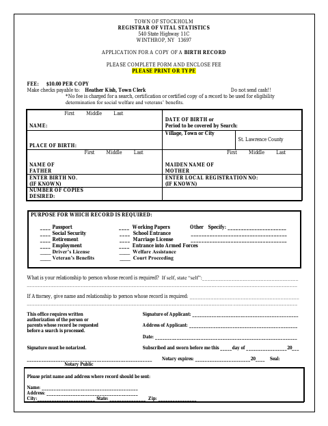 First page of the Application for a Copy of a Birth Record