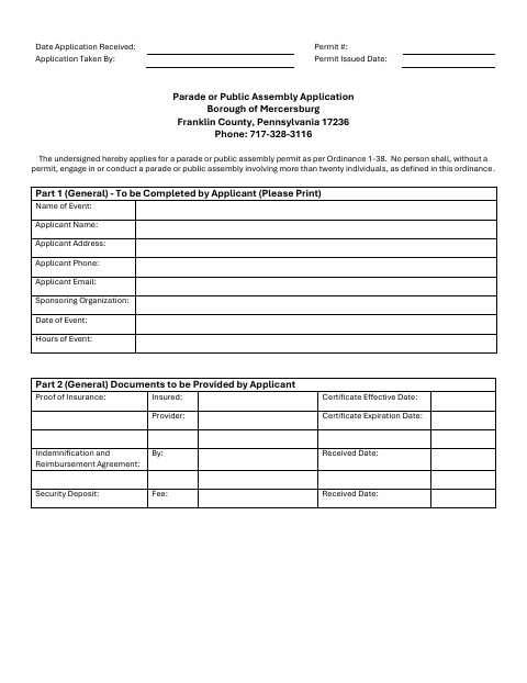 First page of the Parade or Public Assembly Application