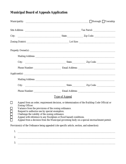 First page of the Municipal Board of Appeals Application (Variance)