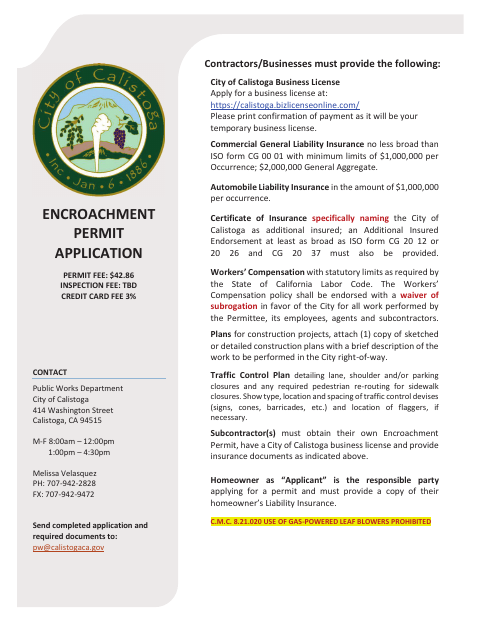 First page of the Encroachment Permit Application Master Packet