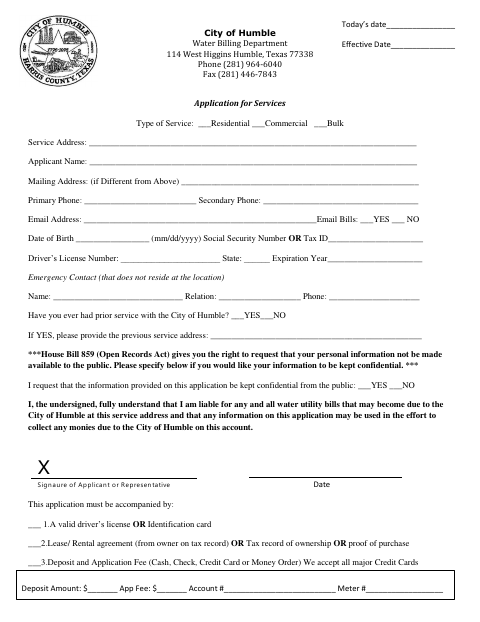 First page of the Water Service Application
