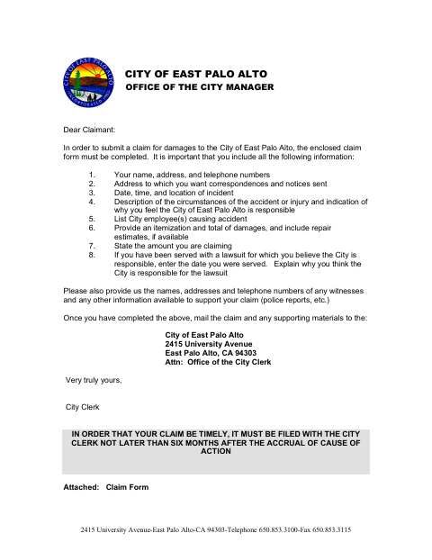 First page of the Claim Against the City