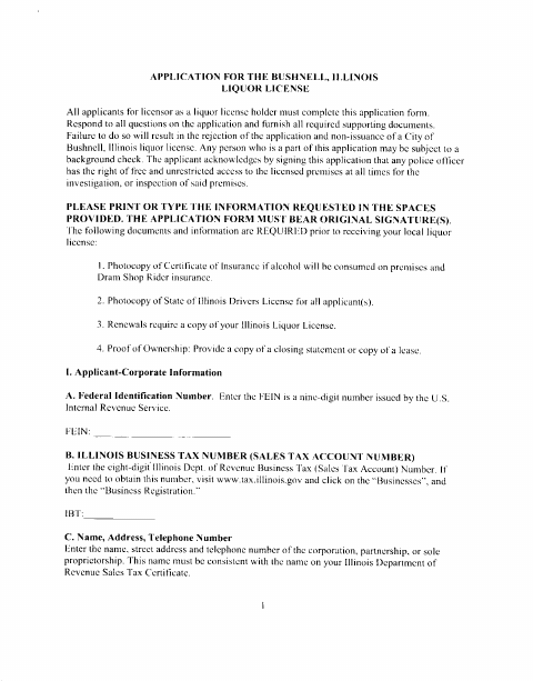 First page of the Liquor License Application