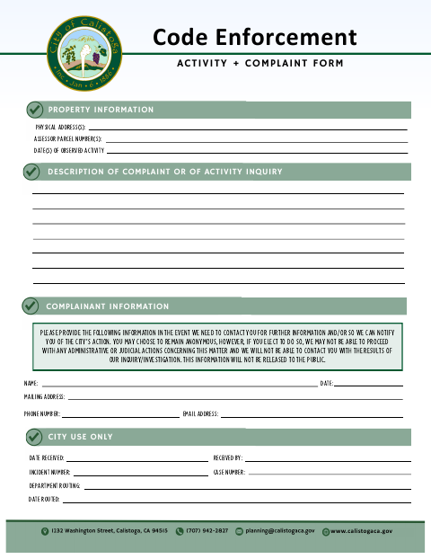 First page of the Code Enforcement Activity and Complaint Form