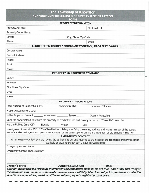 First page of the Abandoned/Foreclosed Property Registration Form