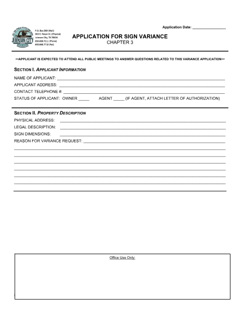 First page of the Application for Sign Variance