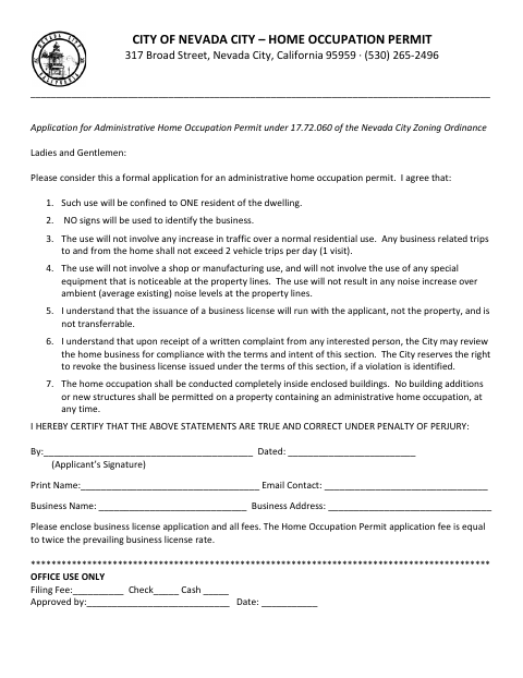 First page of the Home Occupation Permit