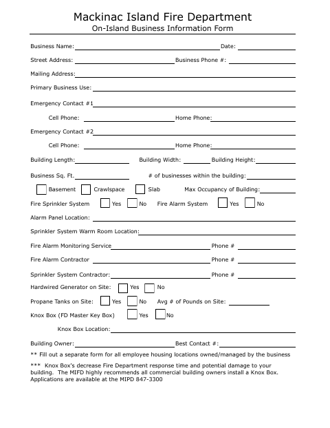 First page of the On-Island Business Information Form