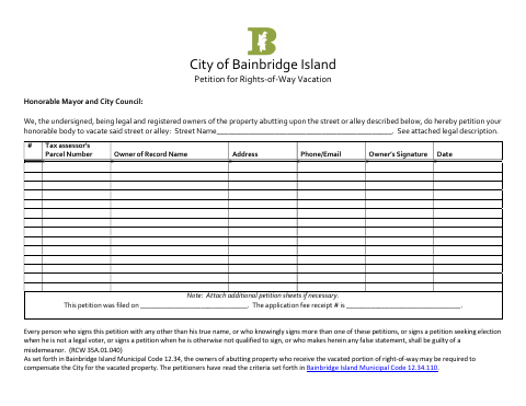 First page of the Petition for Rights-of-Way Vacation