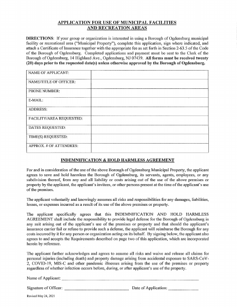 First page of the Facility Use Form