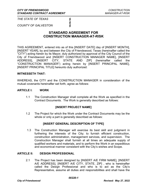 First page of the Standard Agreement for Construction Manager-at-Risk