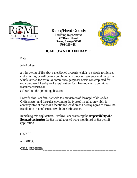 First page of the Home Owner Affidavit