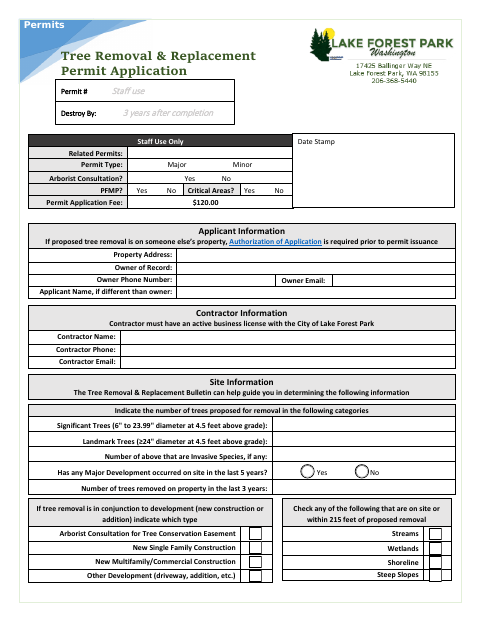 First page of the Tree Removal & Replacement Permit Application