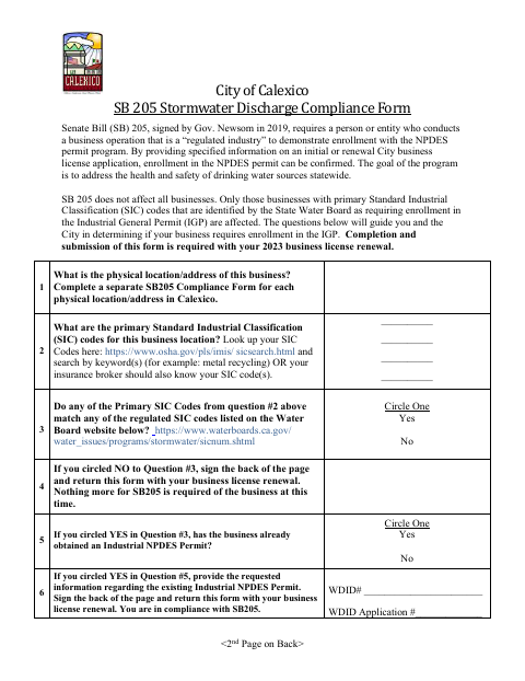 First page of the SB 205 Stormwater Discharge Compliance Form