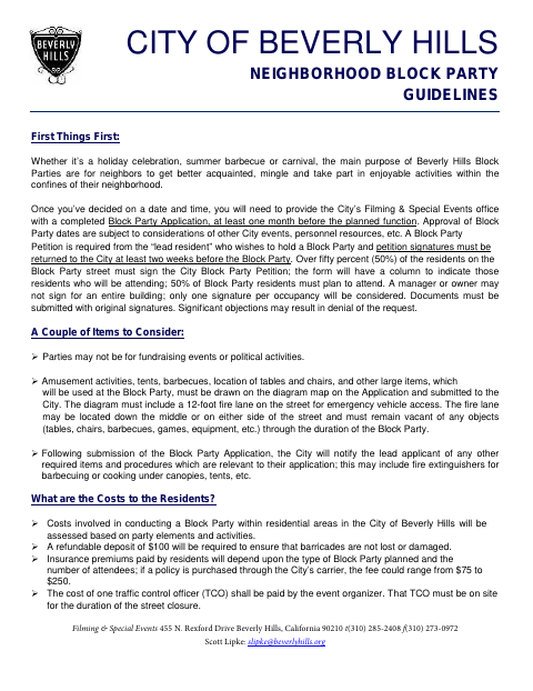 First page of the Neighborhood Block Party Application