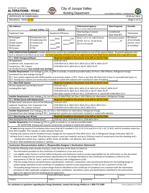 First page of the Residential HVAC Certificate of Compliance