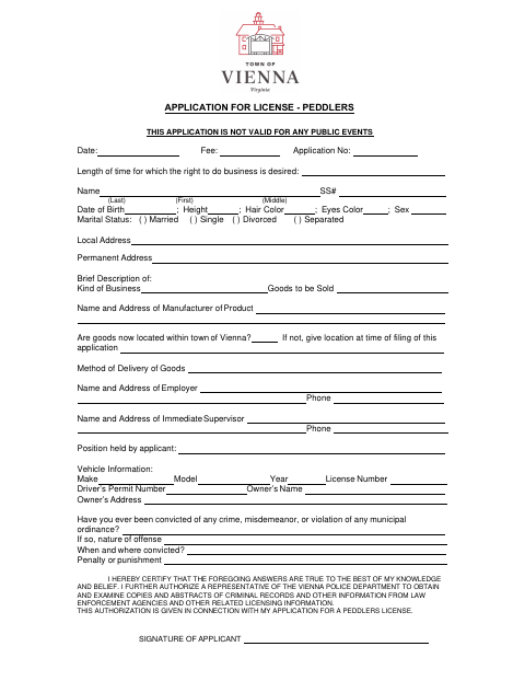 First page of the Application for License - Peddlers