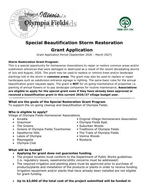 First page of the Special Beautification Storm Restoration Grant Application