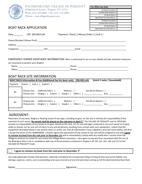 First page of the Boat Rack Application