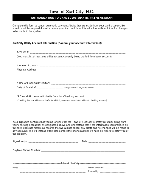 First page of the Authorization to Cancel Automatic Payment/Draft