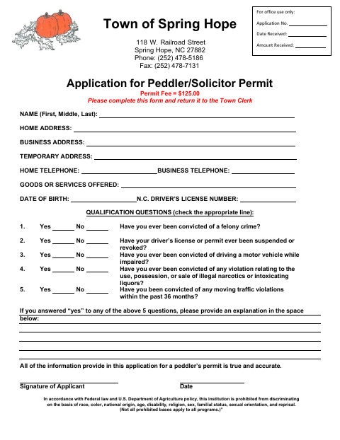 First page of the Application for Peddler/Solicitor Permit