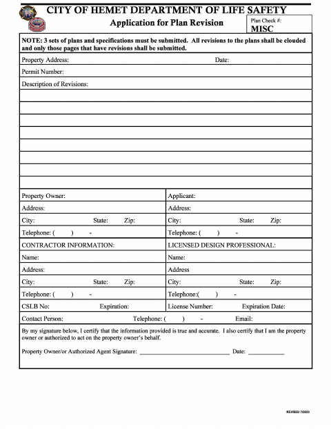 First page of the Plan Revision Application