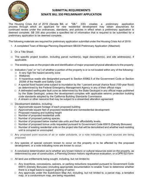 First page of the SB 330 Preliminary Application