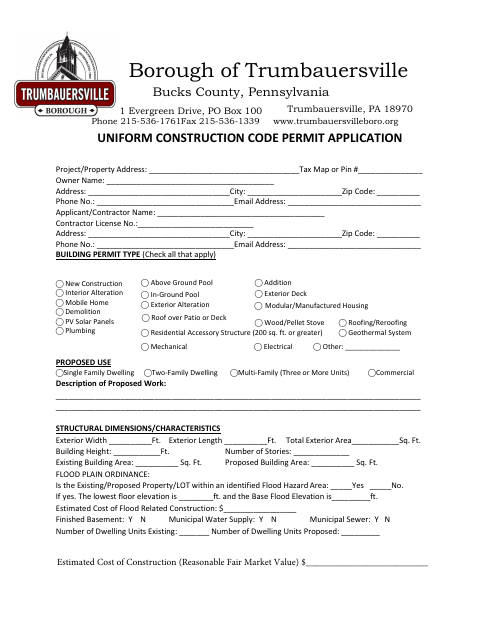 First page of the Uniform Construction Code Permit Application