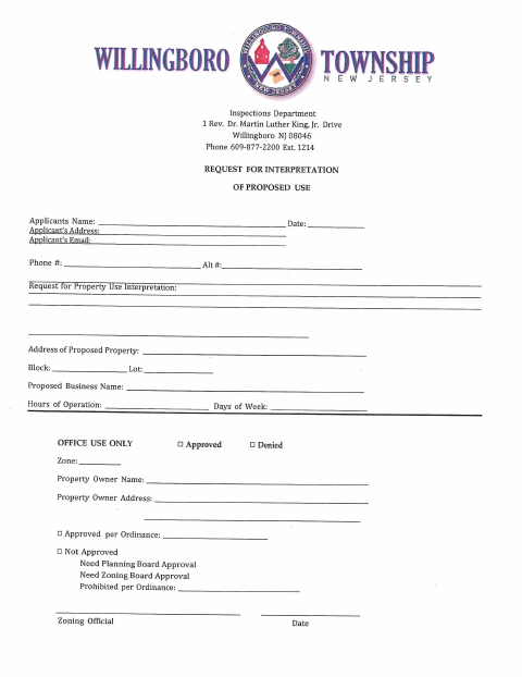 First page of the Request for Interpretation of Proposed Use
