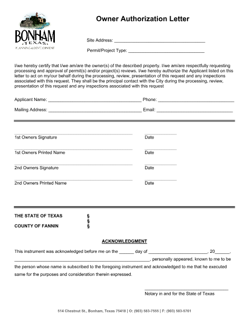 First page of the Owner Authorization Letter