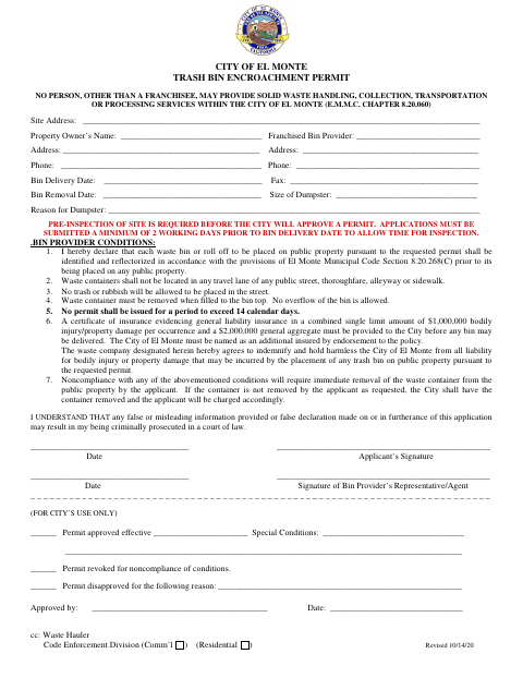 First page of the Trash Bin Encroachment Permit