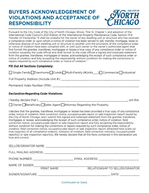 First page of the Buyers Acknowledgment of Violations and Acceptance of Responsibility