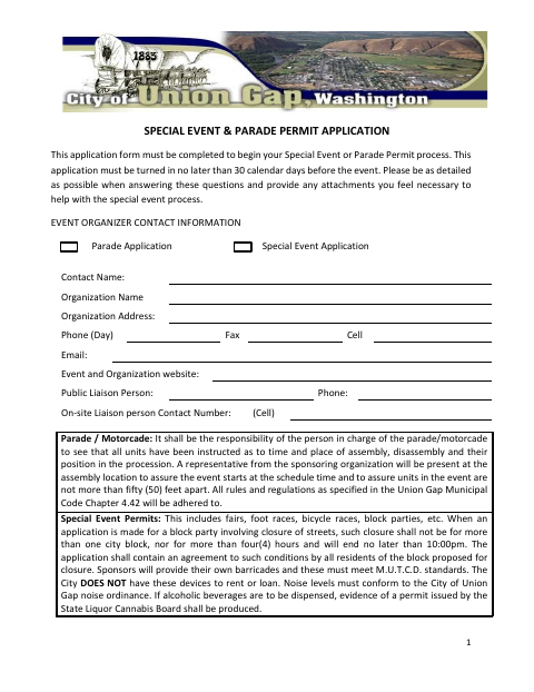 First page of the Special Event & Parade Permit Application