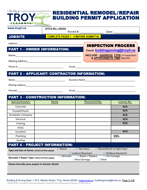 First page of the Residential Remodel and Repair Building Permit Application