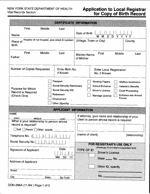 First page of the Birth Record Application