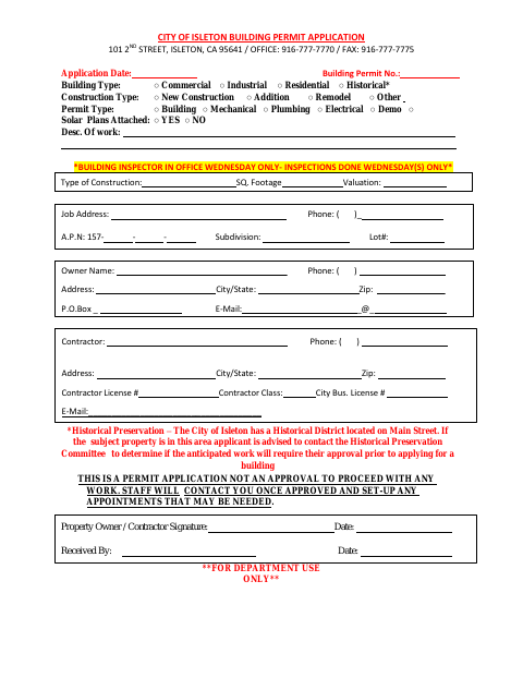 First page of the Building Permit Application