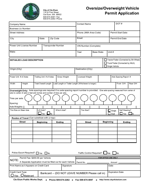 First page of the Oversize Vehicle Permit