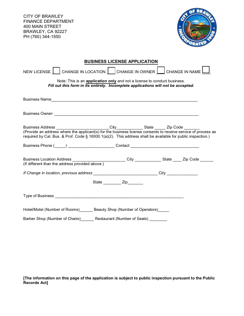 First page of the Business License Application