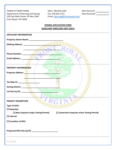 First page of the Accessory Dwelling Unit Zoning Application