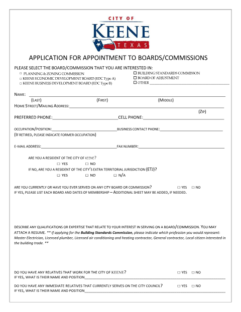First page of the Application for Appointment to Boards and Commissions