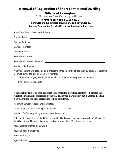 First page of the Renewal of Registration of Short Term Rental Dwelling