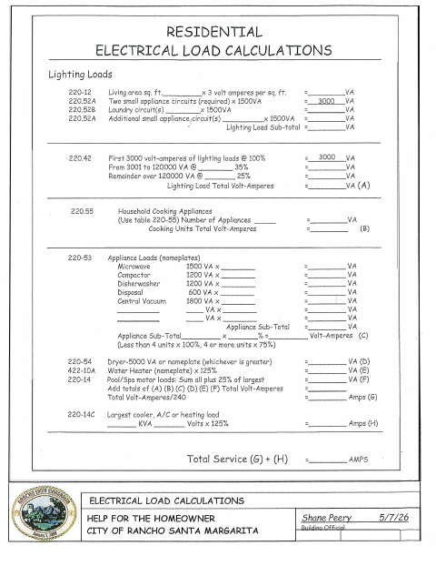 First page of the Residential Electrical Load Calculation Worksheet